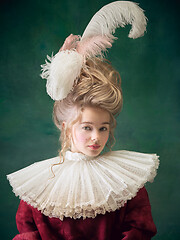 Image showing Young woman as Marie Antoinette on dark background. Retro style, comparison of eras concept.