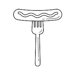 Image showing Grilled sausage on fork vector line icon.