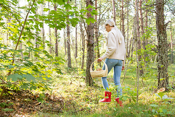 Image showing young woman picking mushrooms in autumn forest