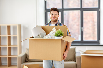 Image showing happy man with box moving to new home