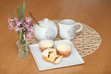 Image showing fresh homemade Muffin on wooden table 