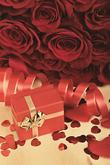 Image showing Valentine gift and red roses, retro color tone