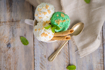 Image showing Vanilla and mint ice cream in cup