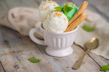 Image showing Vanilla and mint ice cream in cup