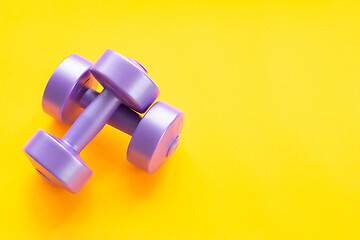 Image showing Two purple dumbbells, one lying on the other, on a yellow background