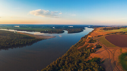 Image showing Aerial drone view of river landscape in sunny summer evening