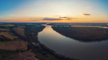 Image showing Aerial drone view of river landscape in sunny summer evening