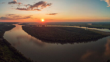 Image showing Aerial drone view of river landscape in sunny summer evening