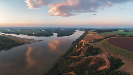 Image showing Aerial drone view of river landscape in sunny summer evening