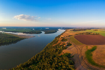 Image showing Aerial drone view of river landscape in sunny summer evening