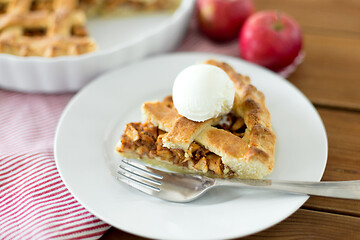 Image showing piece of apple pie with ice cream on plate