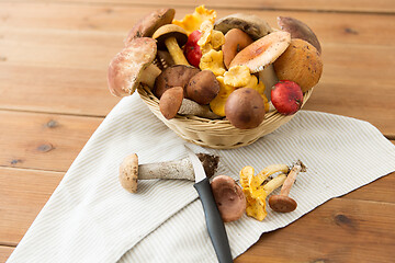 Image showing basket of different edible mushrooms and knife