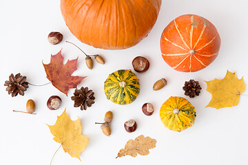 Image showing autumn leaves, chestnuts, acorns and pumpkins