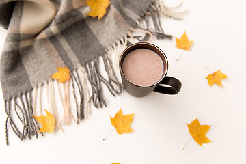 Image showing hot chocolate, autumn leaves and warm blanket