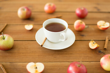 Image showing cup of tea with apples and cinnamon on table