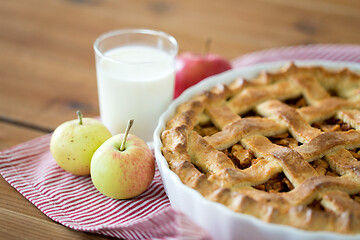 Image showing apple pie in baking mold on wooden table