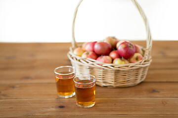 Image showing apples in basket and glasses of juice on table