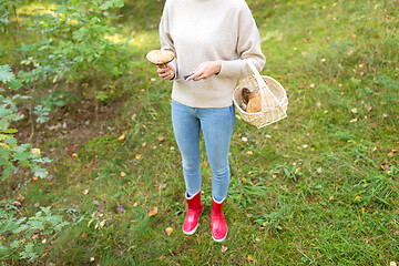 Image showing woman with basket picking mushrooms in forest