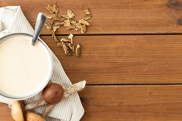 Image showing mushroom cream soup in bowl on cutting board