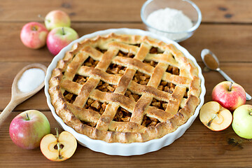 Image showing close up of apple pie on wooden table