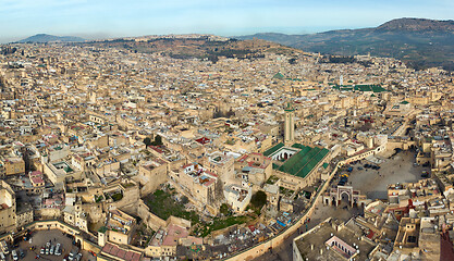 Image showing Aerial view of Medina in Fes and Medersa