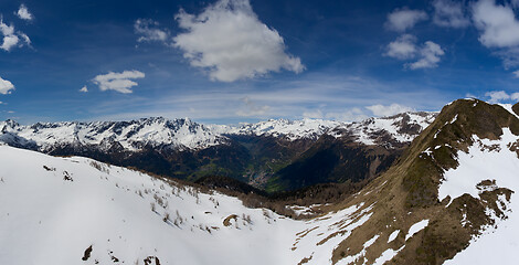 Image showing Panorama of snow Alps mountains at spring