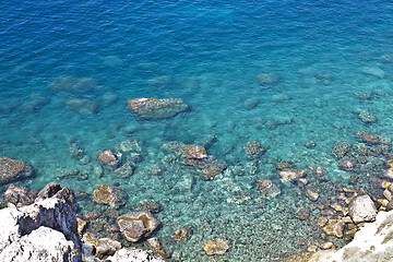 Image showing Aerial view of rocks on the sea. Overview of the seabed seen fro