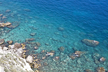 Image showing Aerial view of rocks on the sea. Overview of the seabed seen fro