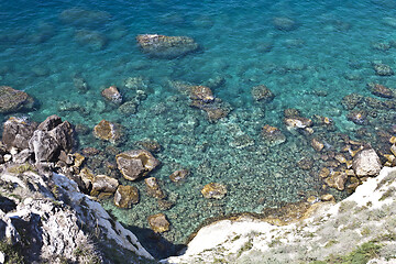 Image showing Aerial view of rocks on the sea. Overview of the seabed seen fro