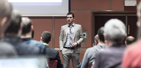 Image showing Business speaker giving a talk at business conference meeting event.