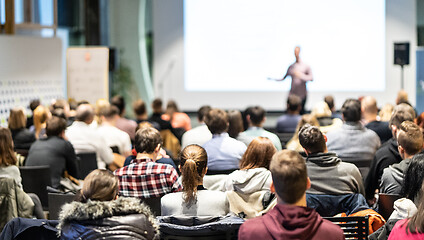 Image showing Business speaker giving a talk at business conference event.