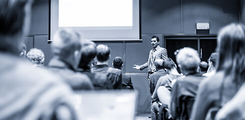 Image showing Business speaker giving a talk at business conference meeting event.