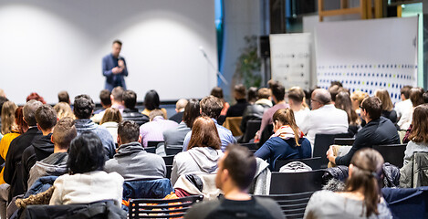 Image showing Business speaker giving a talk at business conference event.