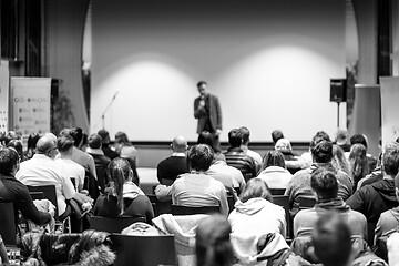 Image showing Business speaker giving a talk at business conference event.