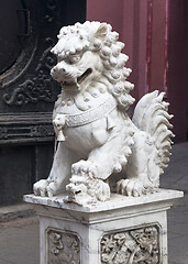 Image showing Chinese lion at the entrance of a temple