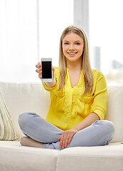 Image showing young woman or teen girl with smartphone at home