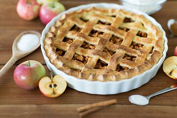 Image showing close up of apple pie on wooden table