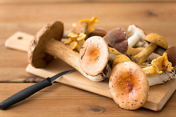 Image showing edible mushrooms on wooden cutting board and knife