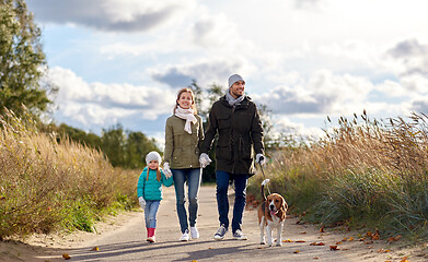 Image showing happy family walking with beagle dog in autumn