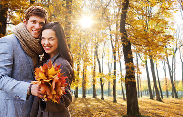 Image showing smiling couple hugging in autumn park