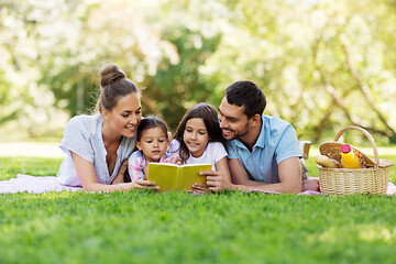 Image showing family reading book on picnic in summer park