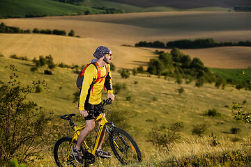 Image showing Young cyclist on a rural road through green spring meadow