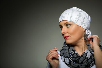 Image showing beautiful middle age woman cancer patient wearing headscarf
