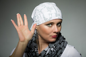 Image showing beautiful middle age woman cancer patient wearing headscarf