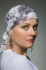 Image showing beautiful middle age woman cancer patient wearing headscarf