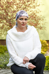 Image showing beautiful middle age woman cancer patient wearing headscarf