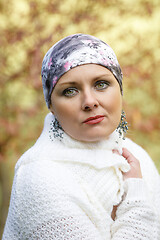 Image showing beautiful middle age woman cancer patient wearing headscarf