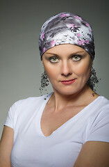 Image showing beautiful middle age woman cancer patient wearing headscarf