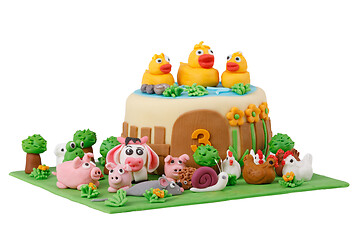 Image showing birthday cake with farm marzipan animals