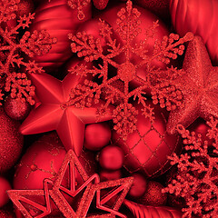 Image showing Festive Christmas Background with Red Bauble Decorations